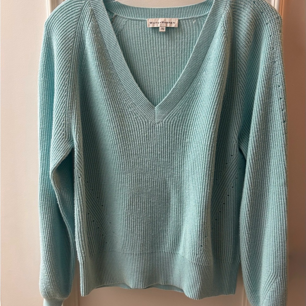 White + Warren V-Neck Sweater - Aqua